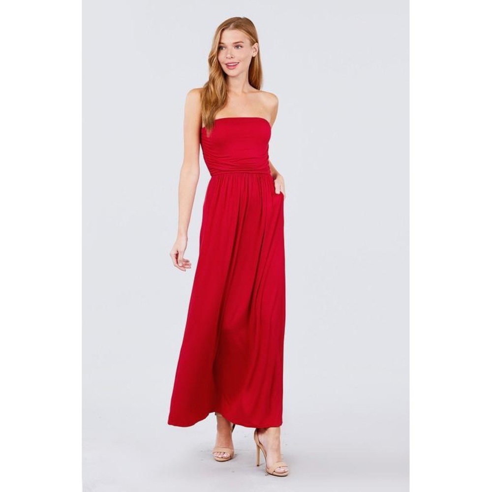 Red Strapless Pocket Maxi Dress